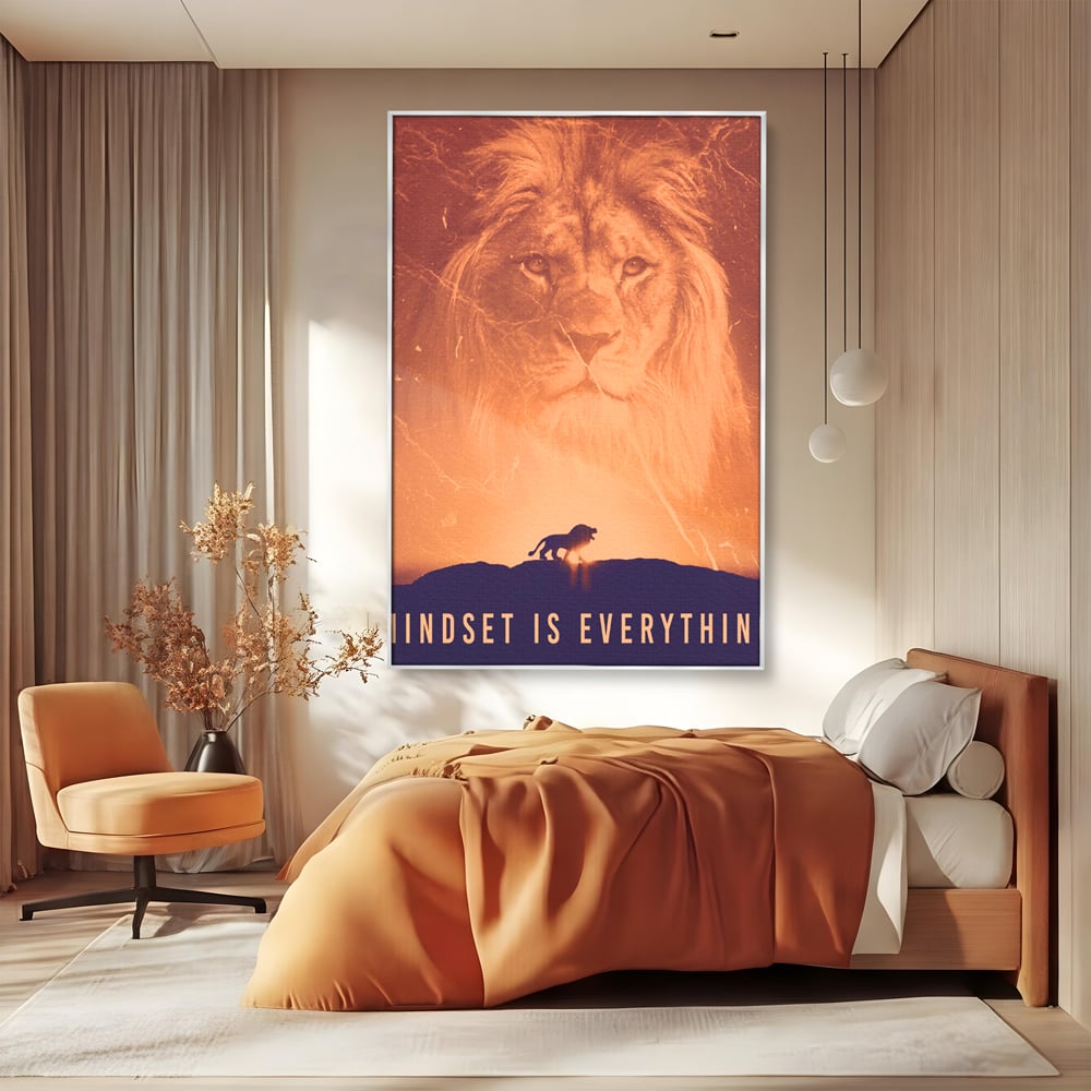 Tablou canvas cu tablou motivational cu leu si silueta, in rama de aluminiu argintiu, pe perete intr-un dormitor